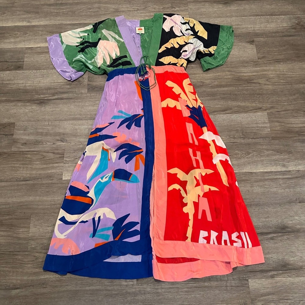 FARM Rio Dress XXS Mixed Print Toucan Palm Tree Colorblock V-Neck Brasil Viscose - Picture 4 of 15